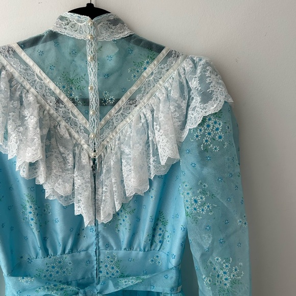 Vintage 70s Gunne Sax Style Blue Prairie Dress High Neck Lace Trim Cottagecore - Picture 12 of 15